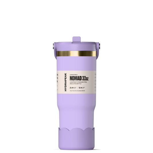 Hydrapeak Nomad 32 oz Tumbler with Handle and Straw Lid, Scallop Silicone Boot, Gold Trim, Leakproof, Double Insulated Stainless Steel Cup (Ivory) - Digital Lavender