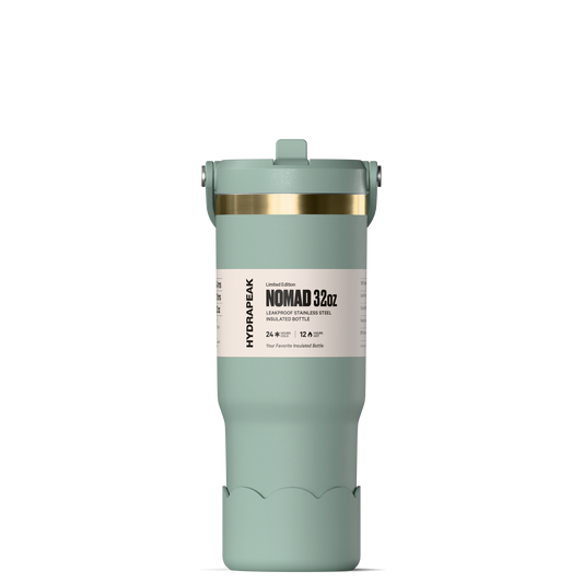 Hydrapeak Nomad 32 oz Tumbler with Handle and Straw Lid, Scallop Silicone Boot, Gold Trim, Leakproof, Double Insulated Stainless Steel Cup (Ivory) - Seafoam