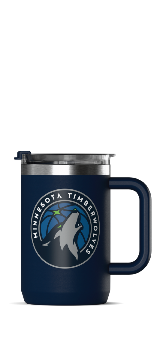 NBA 18oz Insulated Coffee Mug â€“ Stainless Steel Travel Cup with Handle & Flip Lid - Minnesota Timberwolves