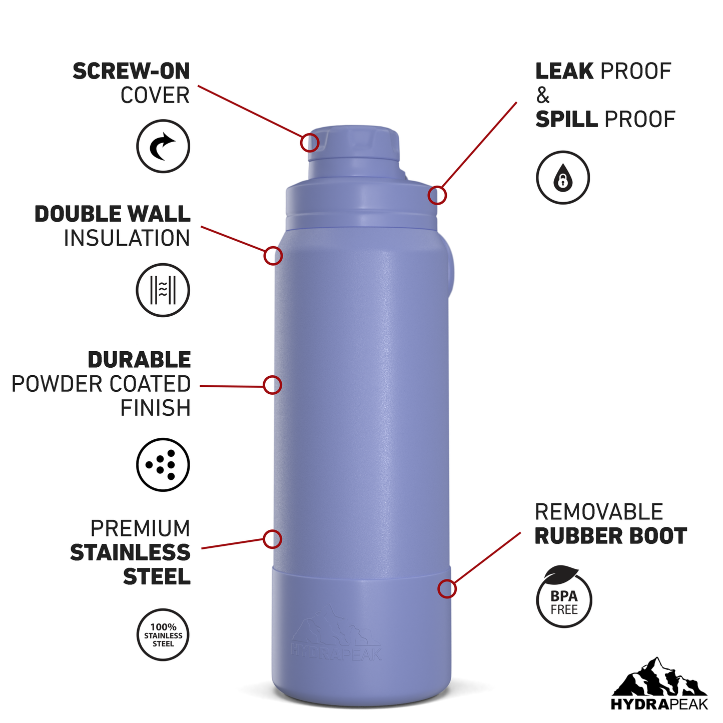 26oz Insulated Water Bottles with Matching Chug Lid and Rubber Boot- Iris