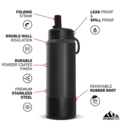 26oz Insulated Water Bottles with Matching Straw Lid and Rubber Boot- Black