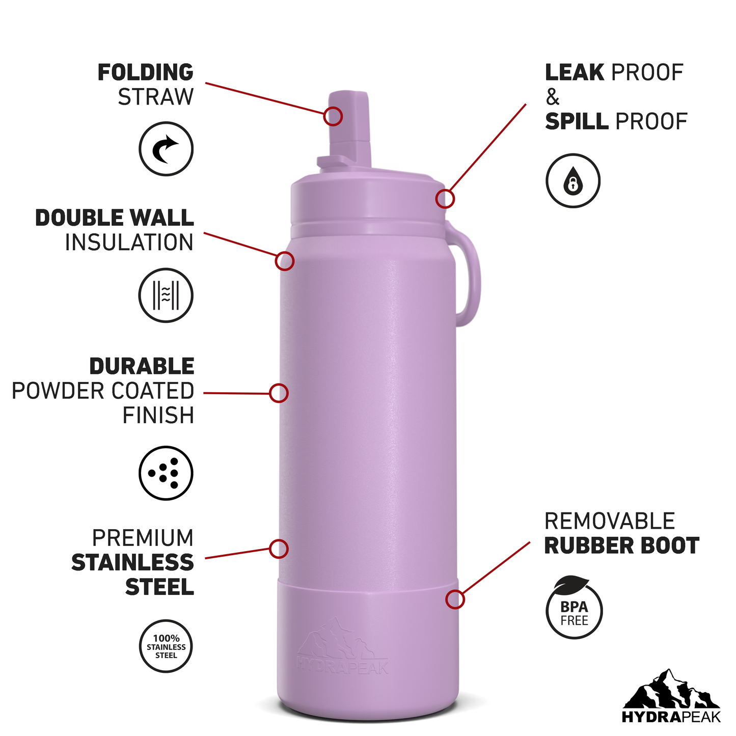 26oz Insulated Water Bottles with Matching Straw Lid and Rubber Boot- Mauve