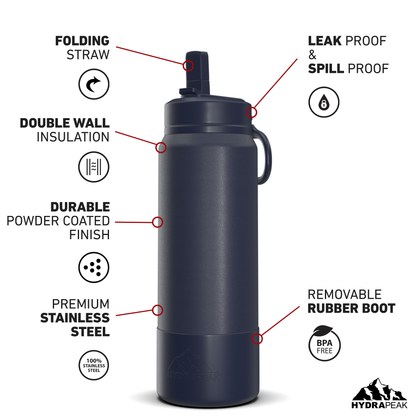 26oz Insulated Water Bottles with Matching Straw Lid and Rubber Boot - Navy
