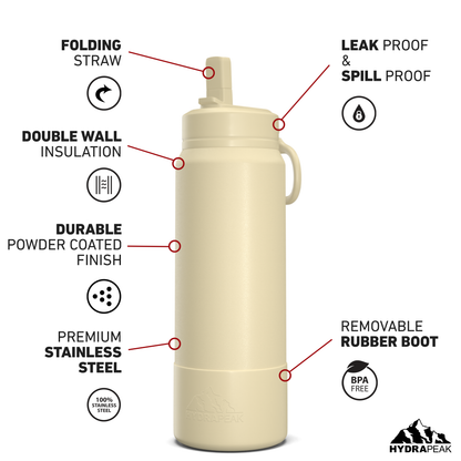 26oz Insulated Water Bottles with Matching Straw Lid and Rubber Boot- Modern Cream