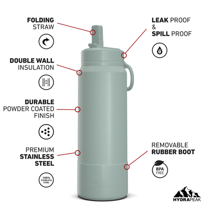 26oz Insulated Water Bottles with Matching Straw Lid and Rubber Boot - Pale Sage