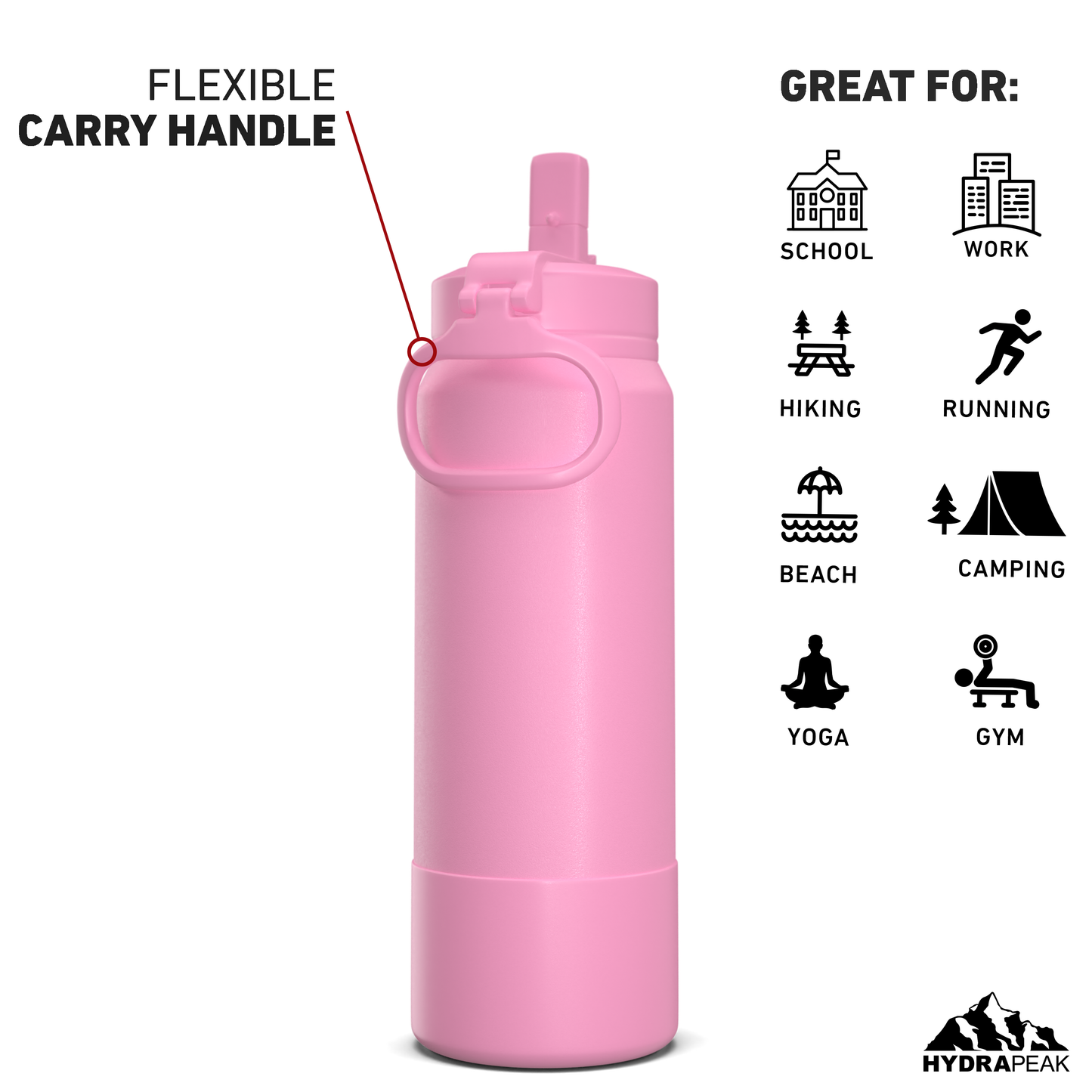 26oz Insulated Water Bottles with Matching Straw Lid and Rubber Boot - Bubblegum