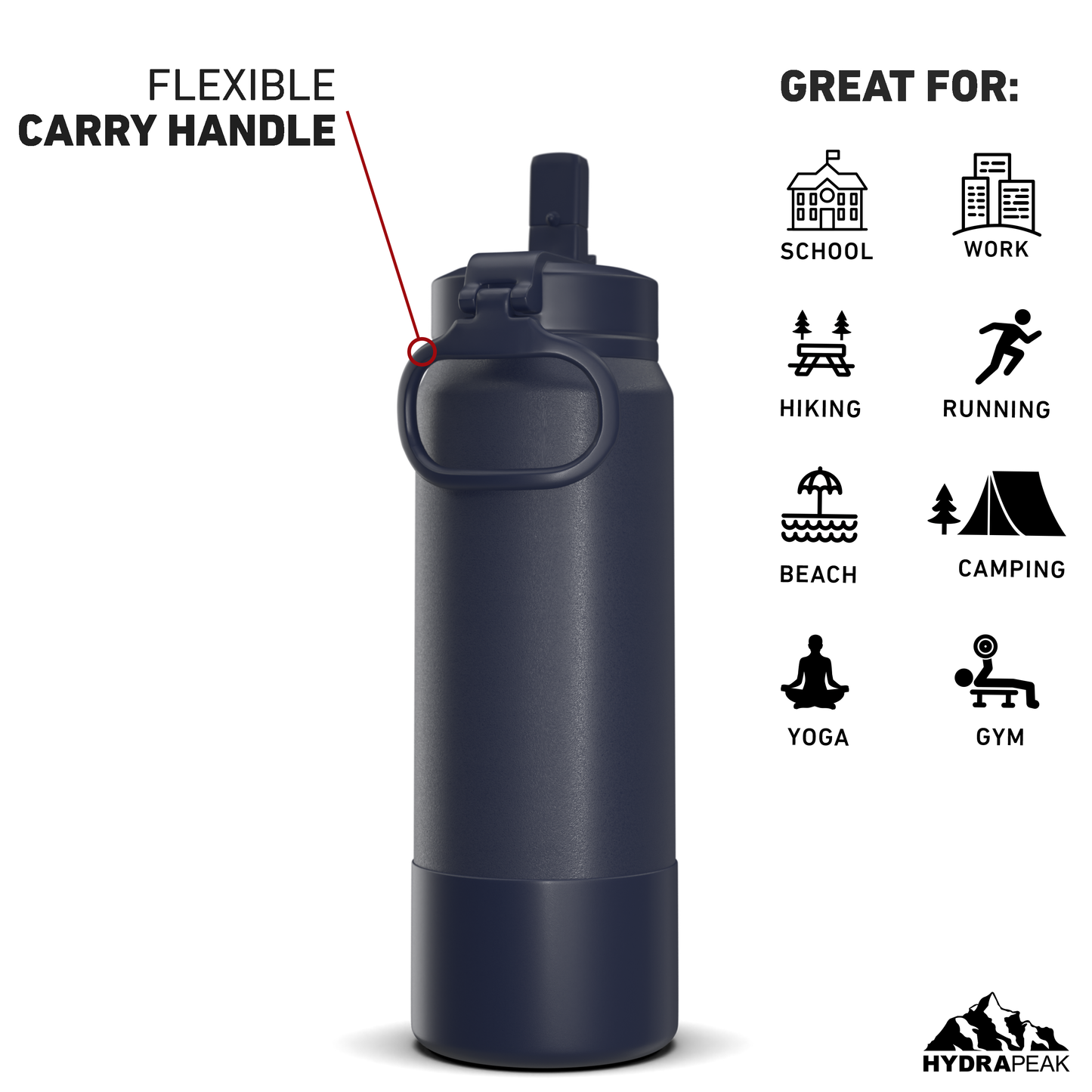 26oz Insulated Water Bottles with Matching Straw Lid and Rubber Boot - Navy