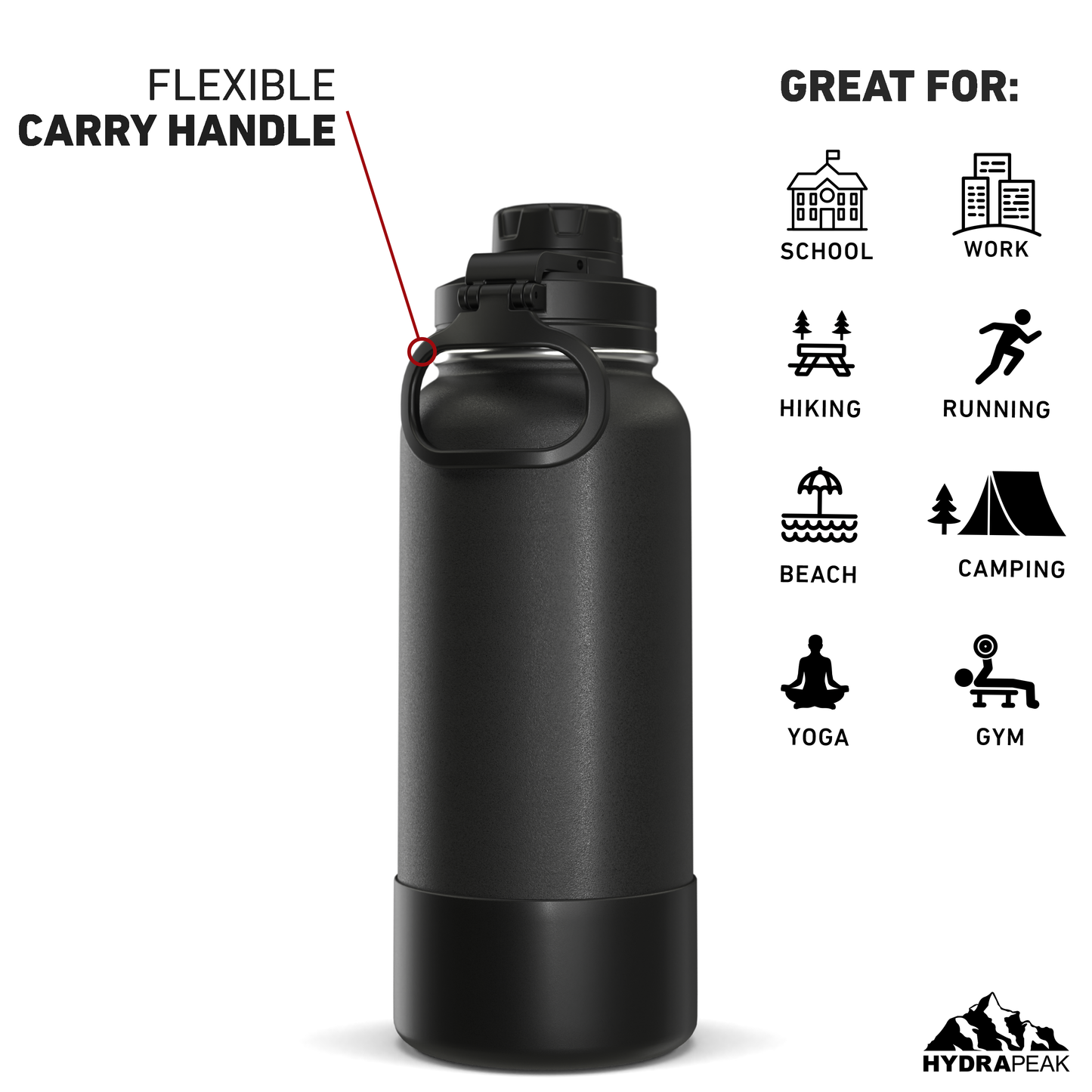 32oz Insulated Water Bottles with Matching Chug Lid and Rubber Boot- Black
