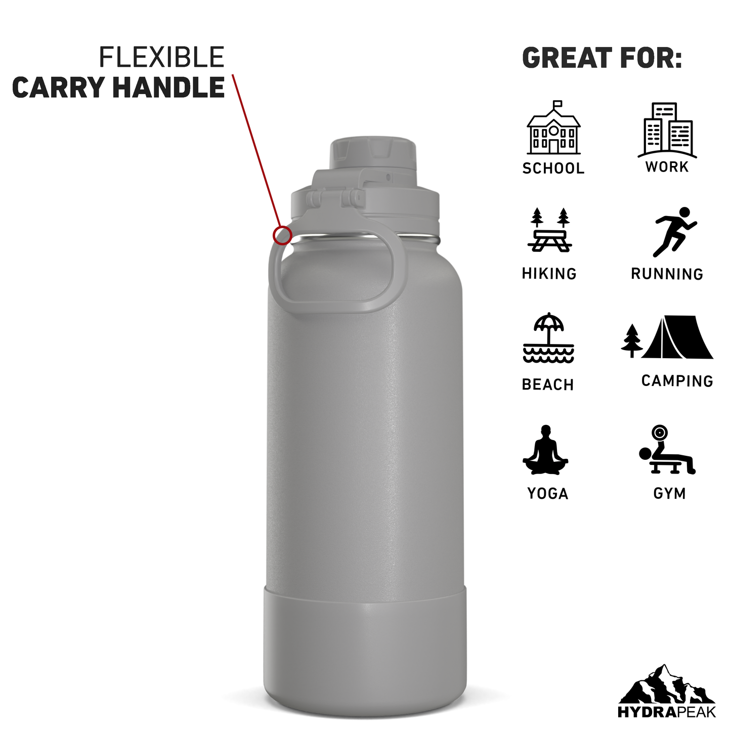 32oz Insulated Water Bottles with Matching Chug Lid and Rubber Boot- Grey