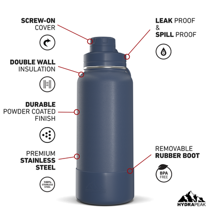 32oz Insulated Water Bottles with Matching Chug Lid and Rubber Boot- Navy