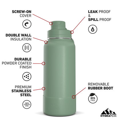 32oz Insulated Water Bottles with Matching Chug Lid and Rubber Boot- Sage