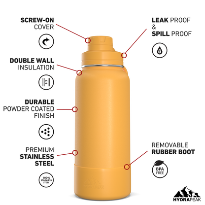 32oz Insulated Water Bottles with Matching Chug Lid and Rubber Boot- Tangerine