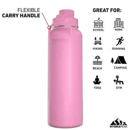 40oz Insulated Water Bottles with Matching Chug Lid and Rubber Boot- Bubblegum