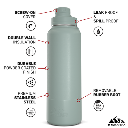 40oz Insulated Water Bottles with Matching Chug Lid and Rubber Boot- Pale Sage