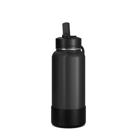 32oz Insulated Water Bottles with Matching Straw Lid and Rubber Boot- Black