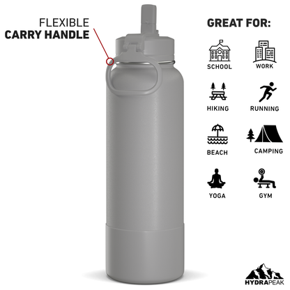 40oz Insulated Water Bottles with Matching Straw Lid and Rubber Boot - Grey