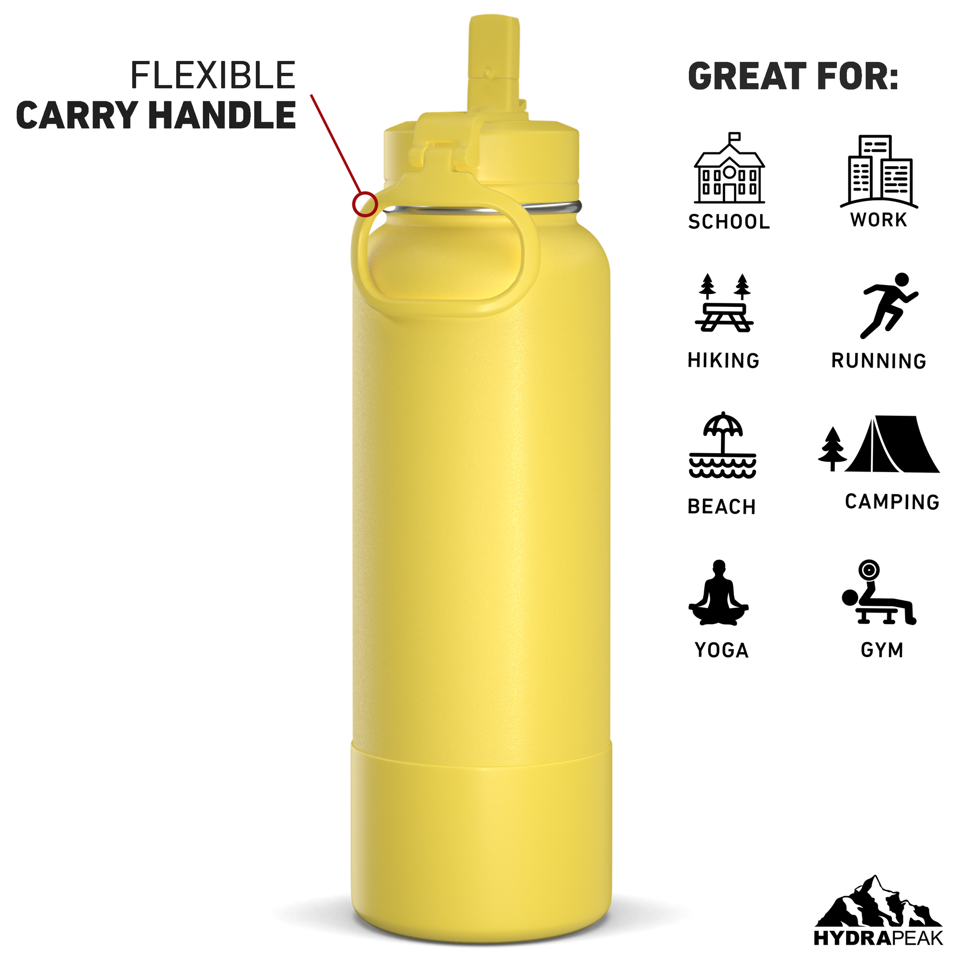 Hydrapeak Stainless Steel Bottle with Straw Lid & Silicone Boot 40oz in Lemon
