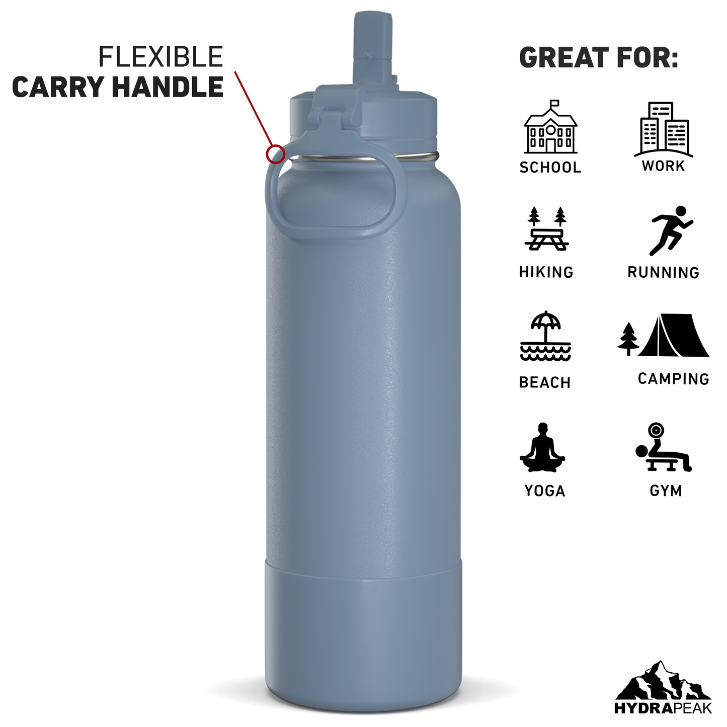 40oz Insulated Water Bottles with Matching Straw Lid and Rubber Boot - Modern Blue