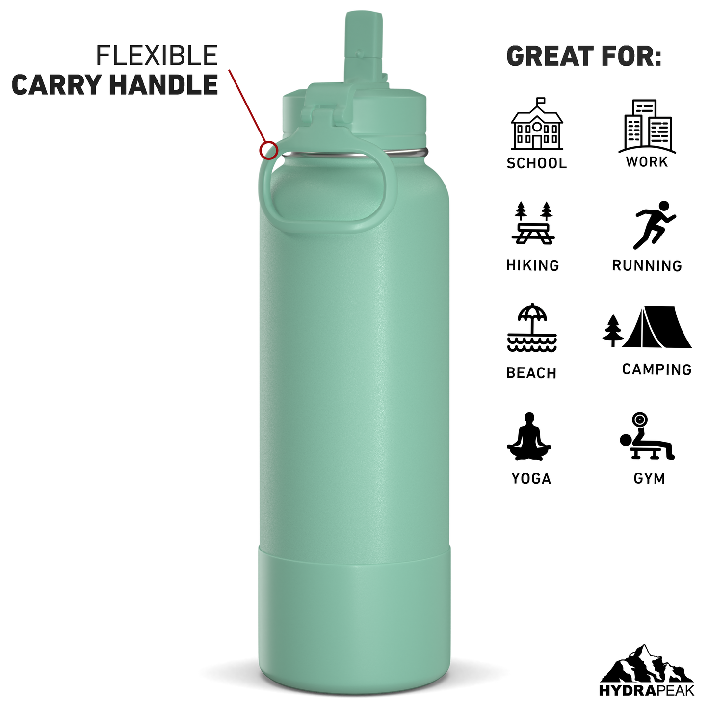 40oz Insulated Water Bottles with Matching Straw Lid and Rubber Boot - Pale Sage