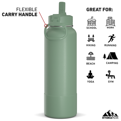 40oz Insulated Water Bottles with Matching Straw Lid and Rubber Boot - Sage