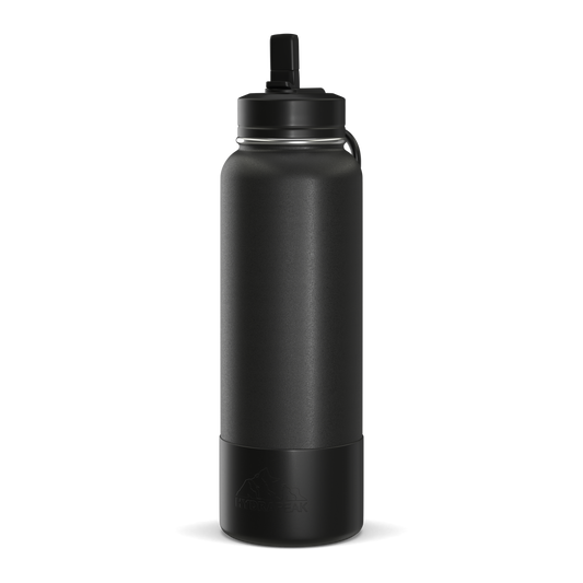 40oz Insulated Water Bottles with Matching Straw Lid and Rubber Boot - Black