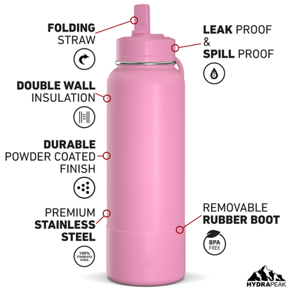 40oz Insulated Water Bottles with Matching Straw Lid and Rubber Boot - Bubblegum