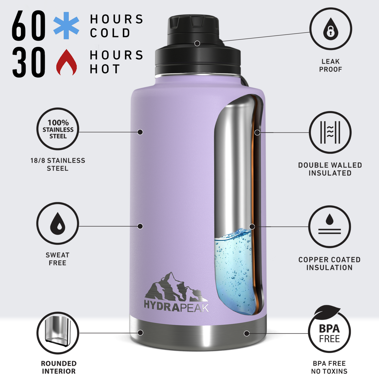50oz Stainless Steel Insulated Large Water Bottle With Chug Lid - Lavender